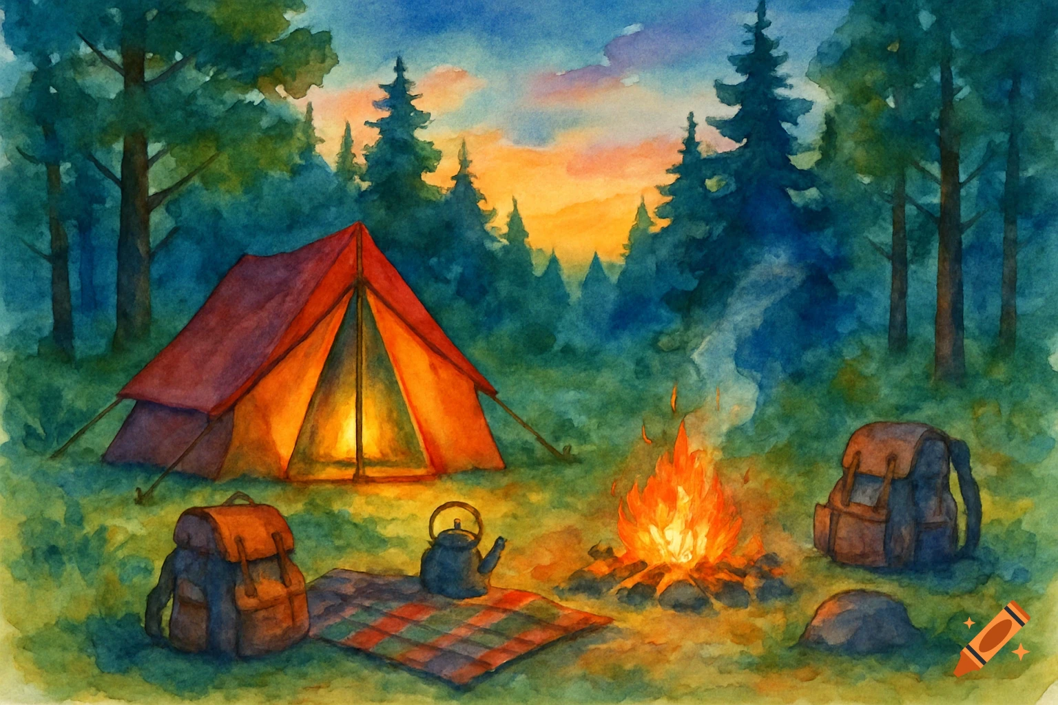 Vibrant watercolor painting of a camping scene at dusk, featuring a lit red tent, campfire, backpacks, and a kettle in a forest.