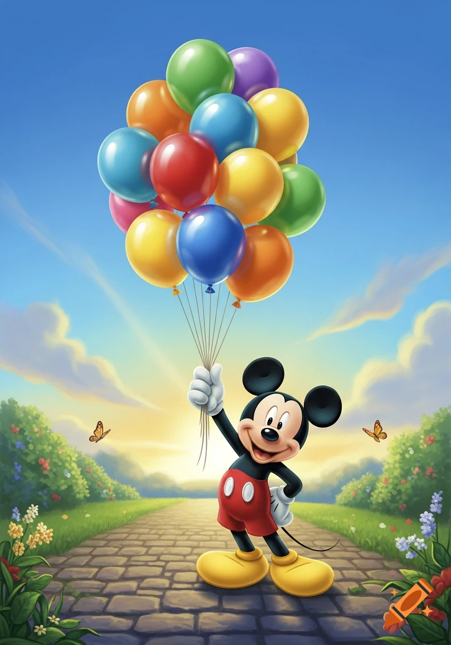 Mickey Mouse stands on a stone path, holding a large bunch of colorful balloons, against a bright blue sky with butterflies and green bushes.