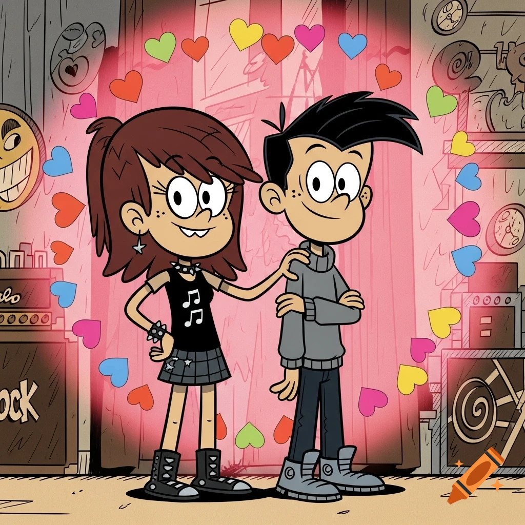 Luna and a male character from The Loud House stand embraced on a stage with musical equipment, surrounded by colorful hearts.