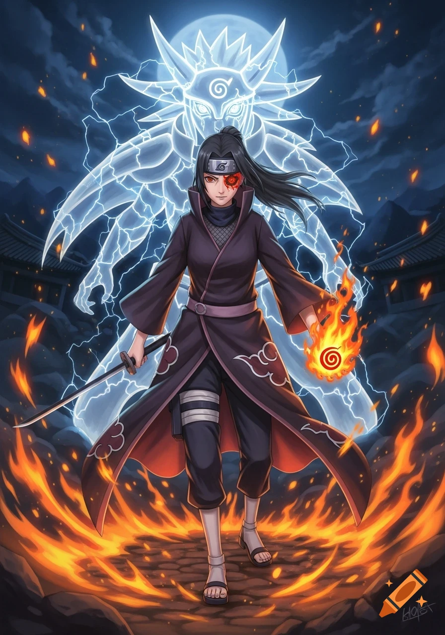Anime ninja in dark robes with a glowing eye and flaming orb, standing amidst fire with a spectral entity and moon behind her.