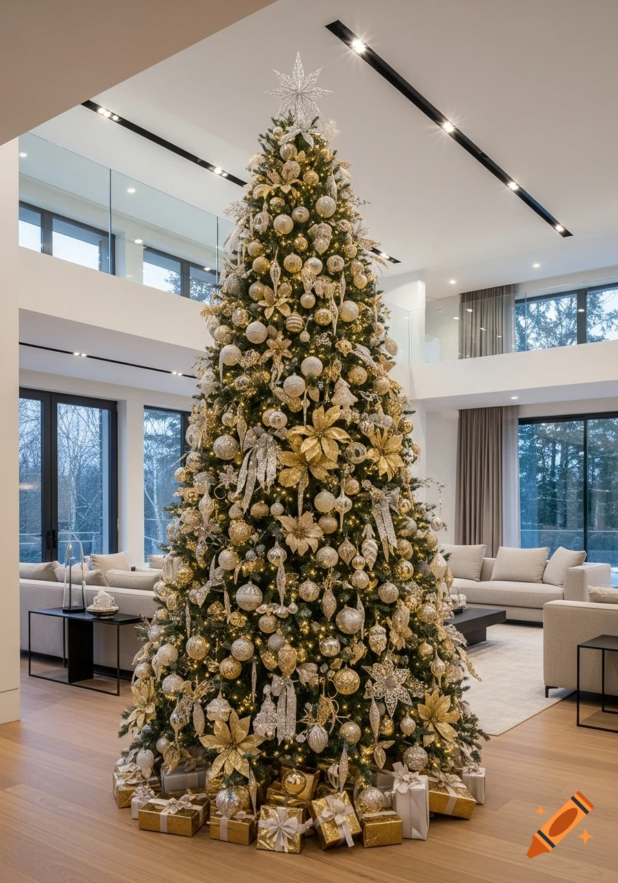 A very tall, elegantly decorated Christmas tree in gold, silver, and ...