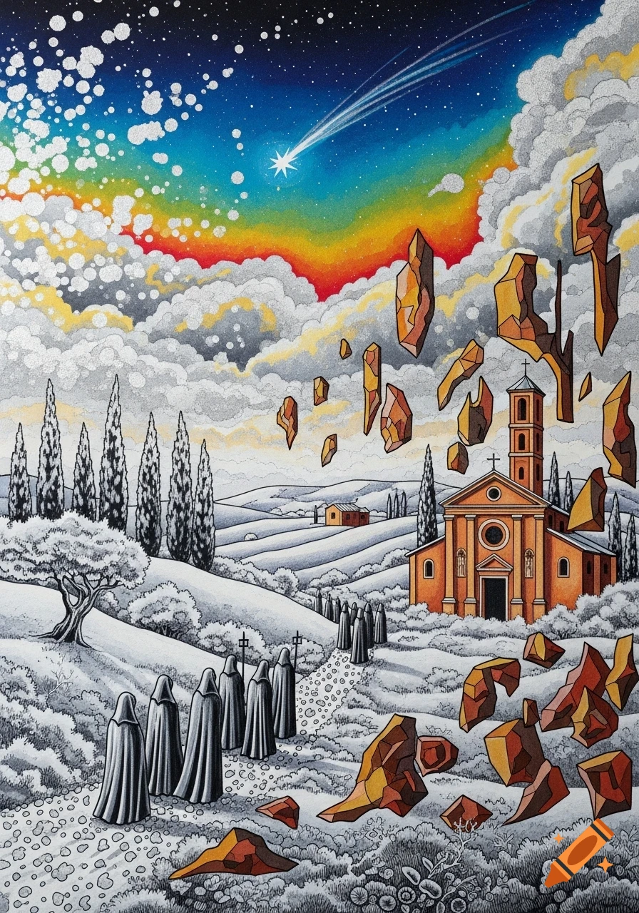 Surreal Tuscan landscape art with a church, cloaked figures, floating rocks, and a rainbow night sky with a shooting star.