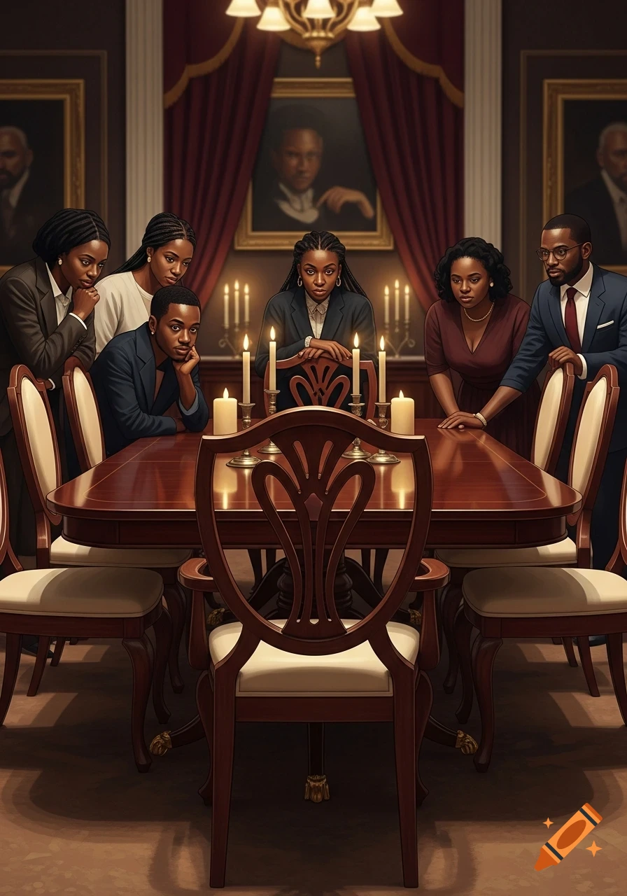 A group of six formally dressed Black individuals stand around a polished wooden dining table lit by candles, in a dimly lit, elegant room with portraits on the walls.