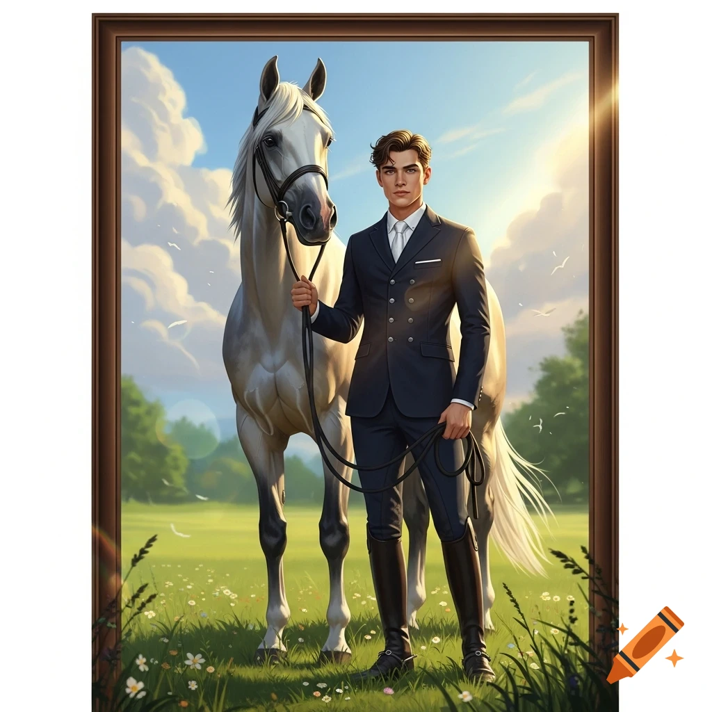 A man in riding attire stands next to a white horse in a sunny, flower-filled field under a cloudy sky.