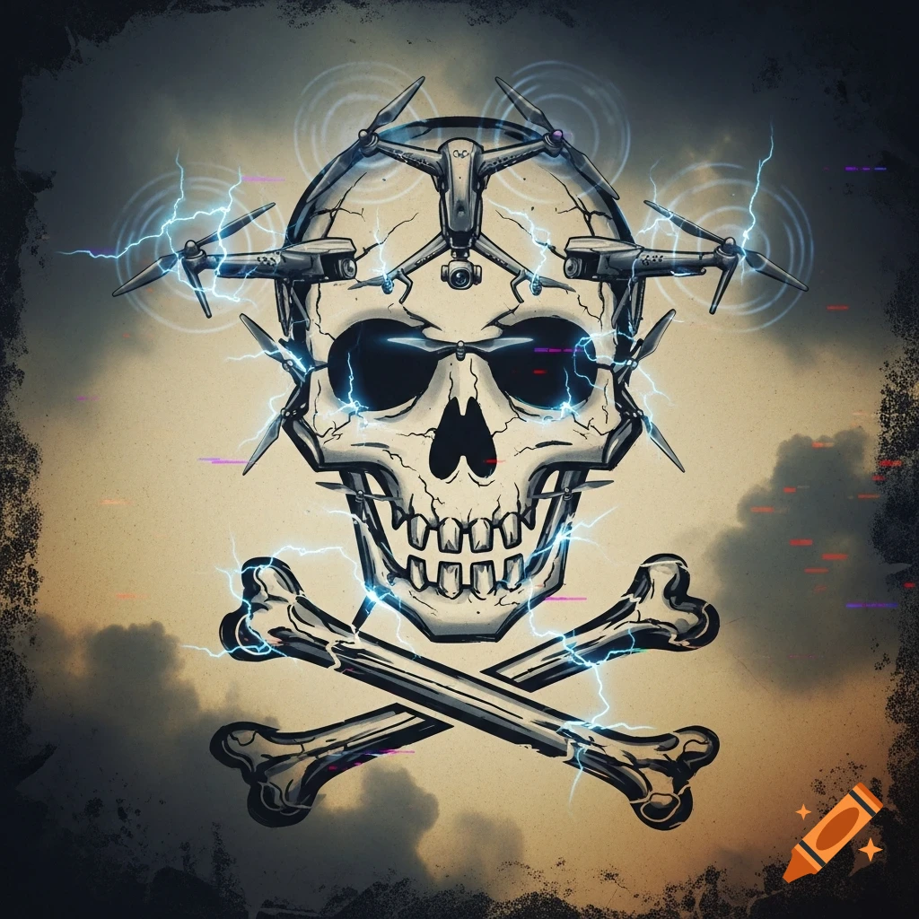 A stylized grunge illustration of a Jolly Roger skull made of drones with crossbones and electric lightning.
