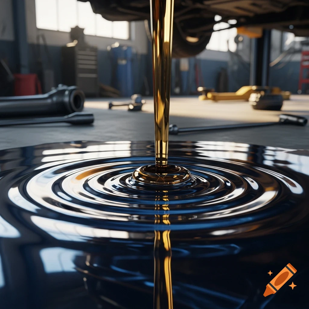 Golden automotive oil pours into a dark puddle, creating ripples in a brightly lit garage. Photorealistic.