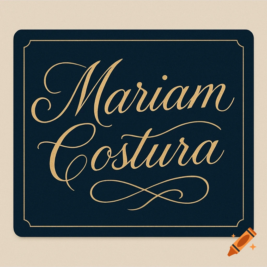 Elegant navy blue logo with gold cursive text 'Mariam Costura' and a decorative flourish on a beige background.