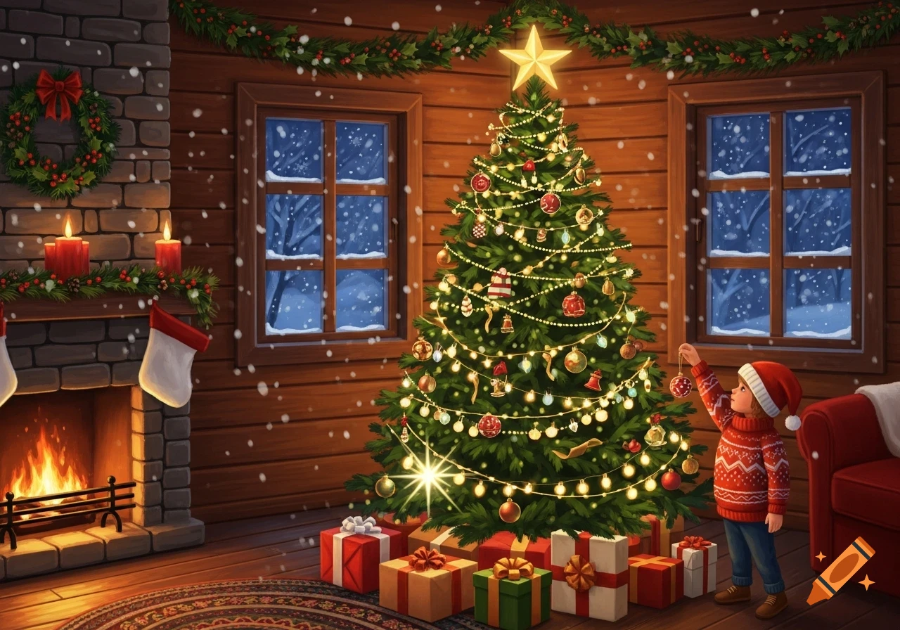 A child decorates a brightly lit Christmas tree in a cozy cabin room with a fireplace, presents, and snow falling outside.