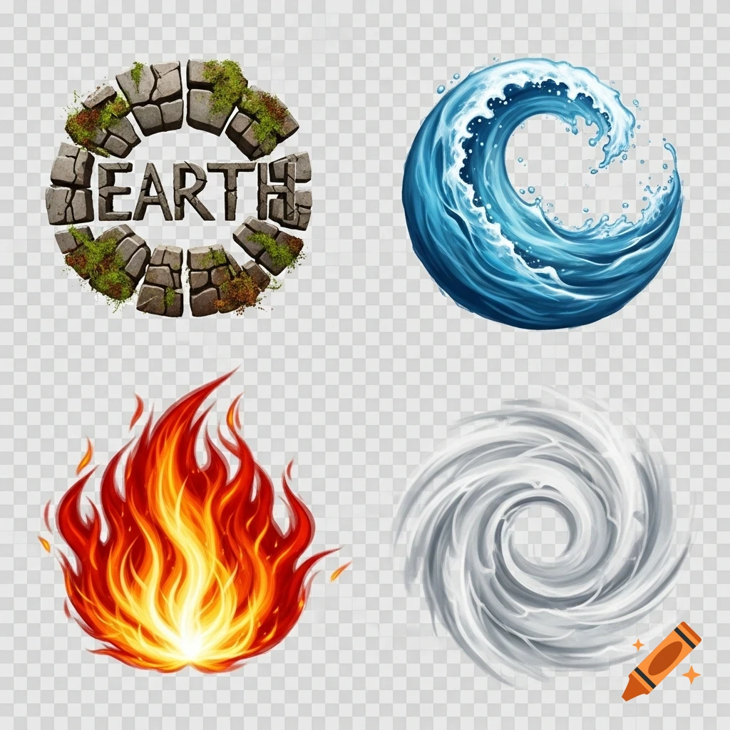 Four distinct elemental symbols: earth made of mossy stones with the word EARTH, a swirling blue water wave, vibrant red and orange fire, and a grey wind vortex.