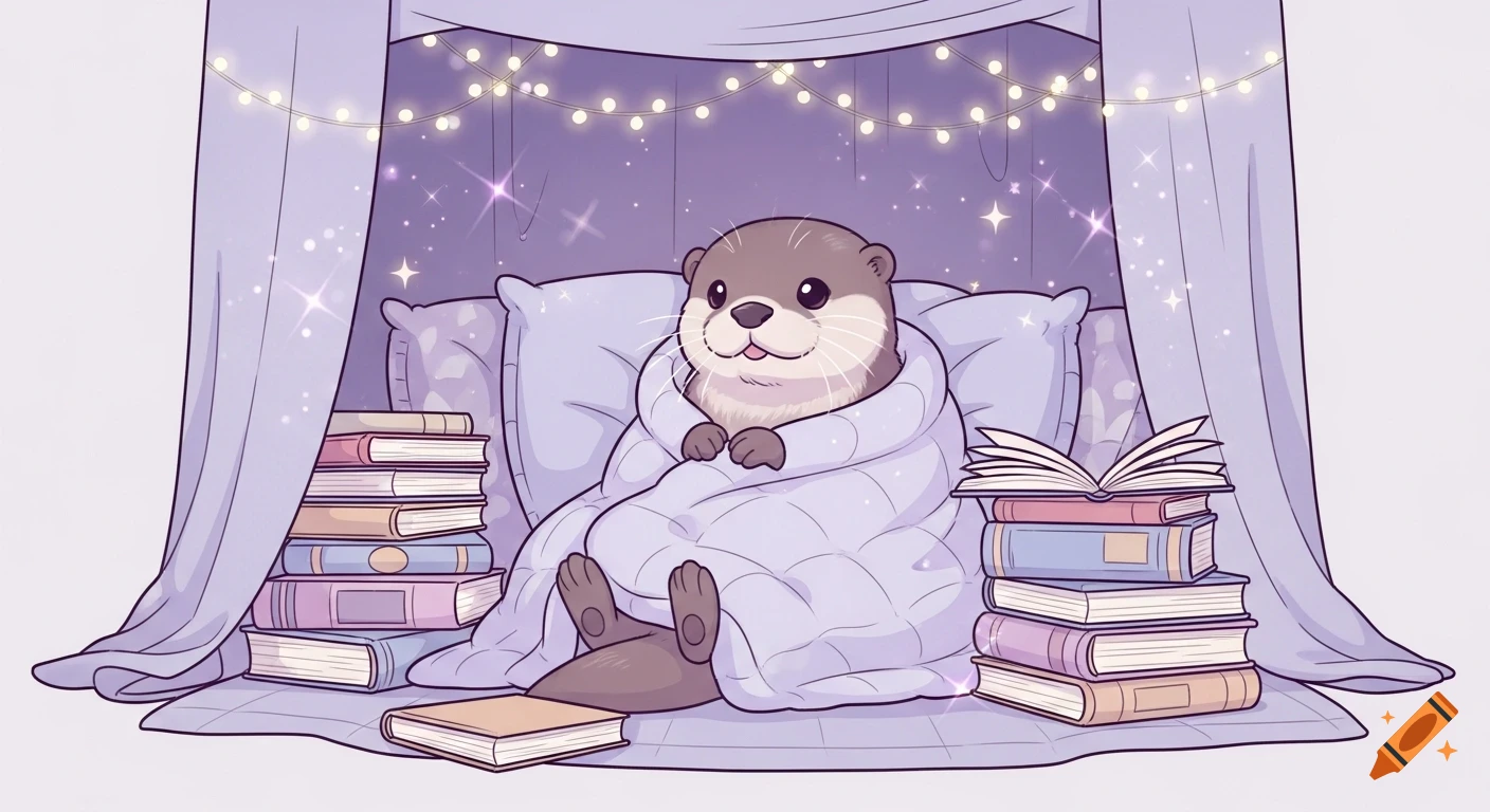 A cute pastel illustration of an otter wrapped in a blanket, sitting among books and fairy lights in a cozy reading nook.