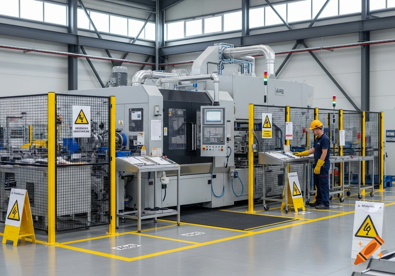 A photorealistic image of a worker in a yellow hard hat and gloves operating machinery in a clean, brightly lit factory with safety barriers and yellow floor markings.