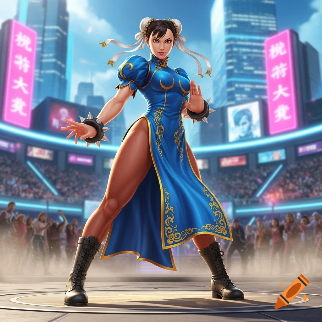 Chun-Li from Street Fighter in a fighting stance, wearing a blue qipao dress with gold trim, spiked bracelets, and black boots in a futuristic stadium.