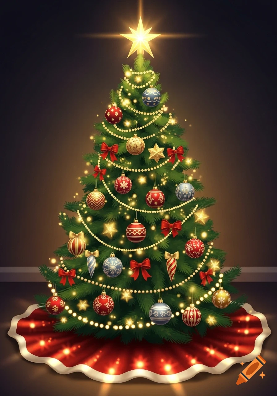A festive Christmas tree decorated with glowing lights, colorful ornaments, red bows, and a shining star, with a red and white skirt.