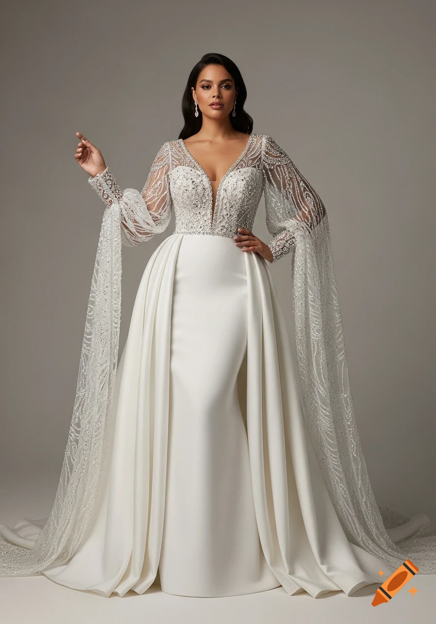 A curvaceous bride in a white, crystal-embellished V-neck wedding gown with long, flowing illusion sleeves and a full skirt, posed in a studio.
