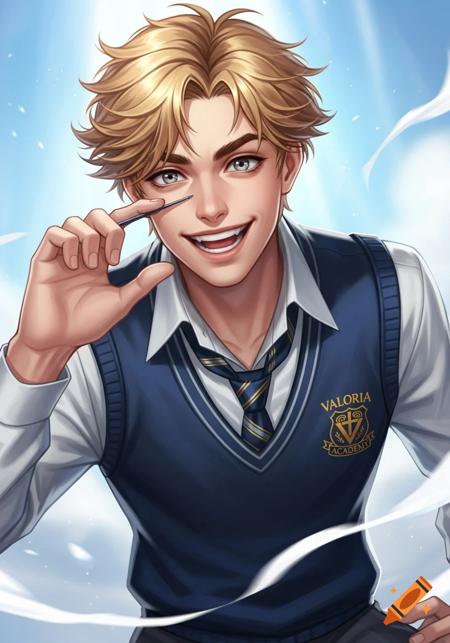 A mischievous blonde young man in a blue Valoria Academy uniform grins, holding a small object, with his form blurring at the edges.