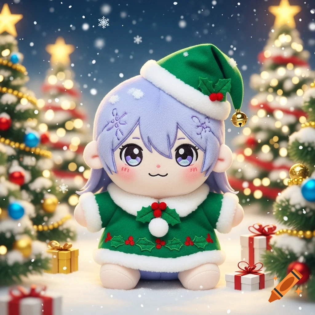 A cute anime-style Rei plush dressed as a Christmas elf sits in a snowy scene with twinkling Christmas trees and gifts.