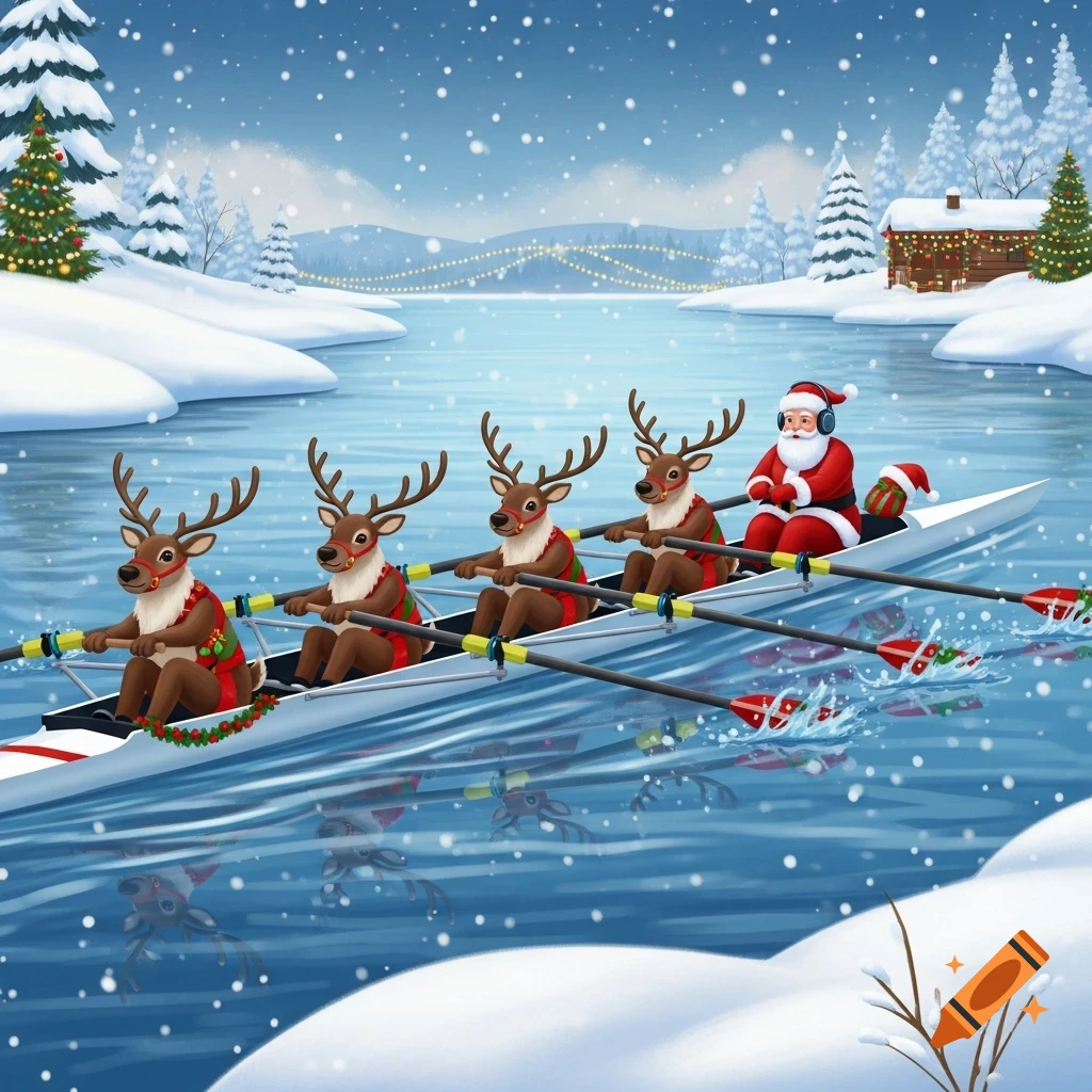 A festive digital illustration of Santa in a coxswain seat guiding four reindeers rowing a boat on a snowy river.