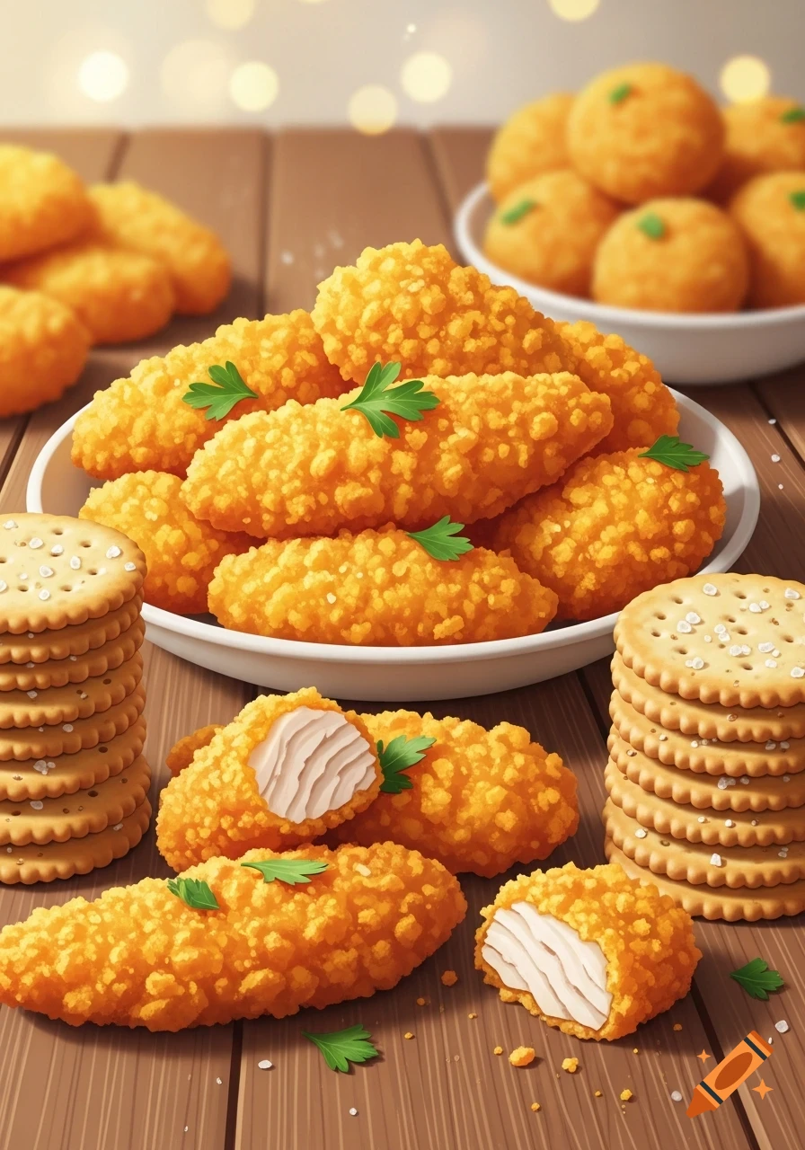 Crispy chicken nuggets garnished with parsley, with stacks of salted crackers and round fried snacks on a wooden table. Photorealistic.