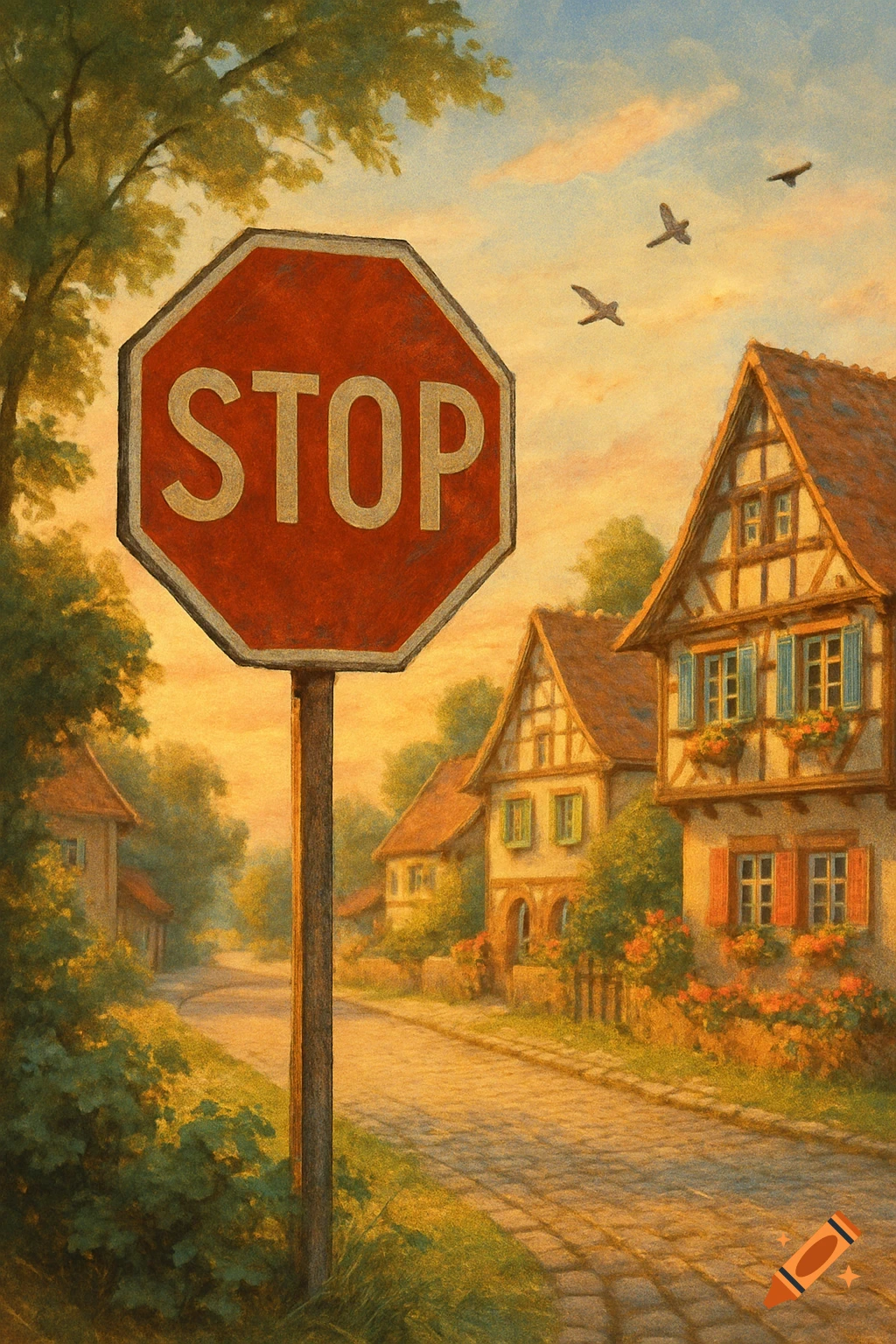 A painting shows a stop sign in a charming European village with half-timbered houses and a cobblestone road at sunset.