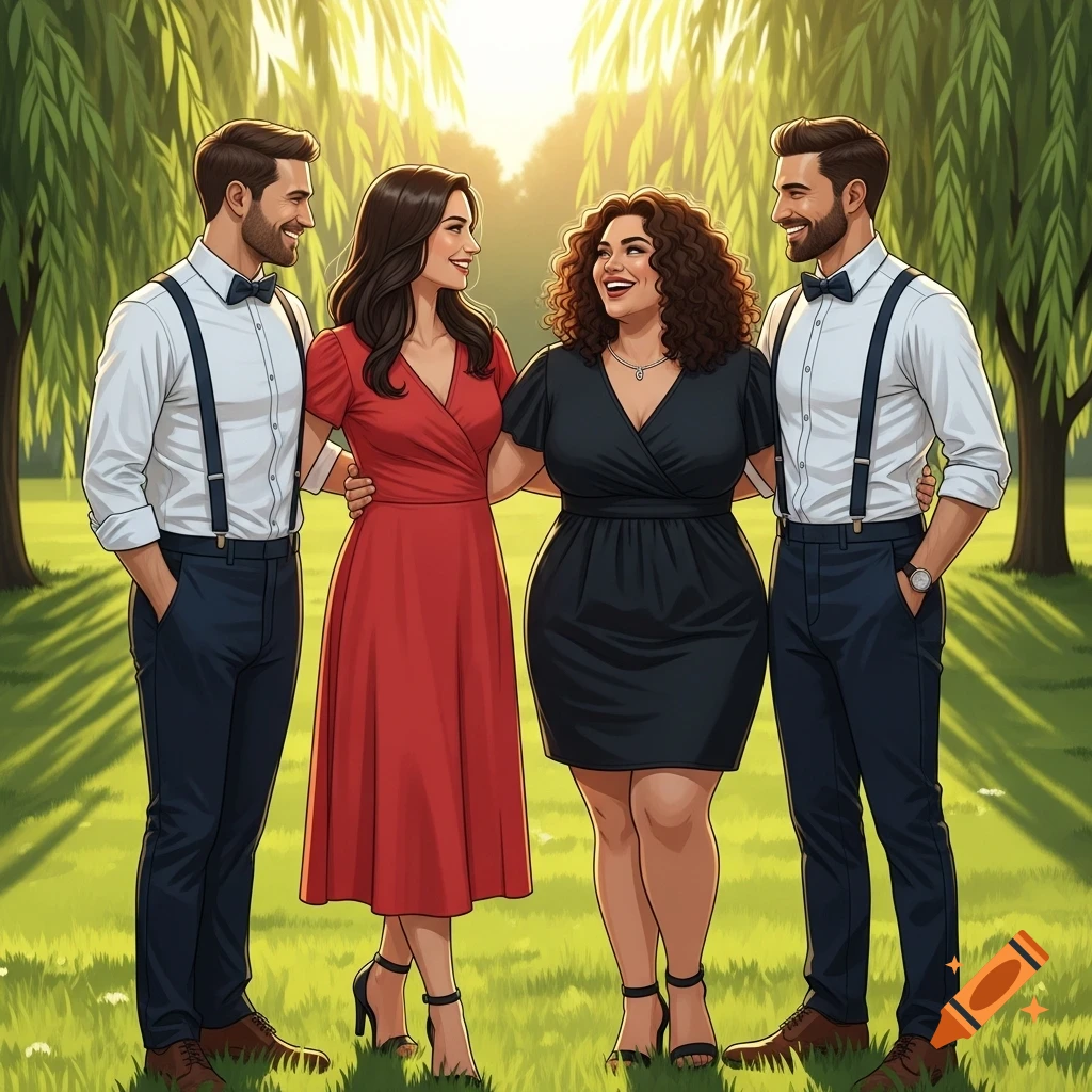 An illustration of two smiling couples, men in suspenders and women in dresses, standing in a sunny park.