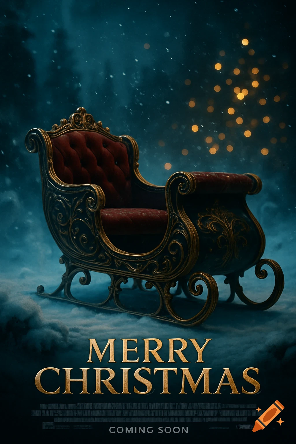 An ornate vintage sleigh on a snowy night, with golden bokeh lights, featuring "MERRY CHRISTMAS" and "COMING SOON" text on a cinematic poster.