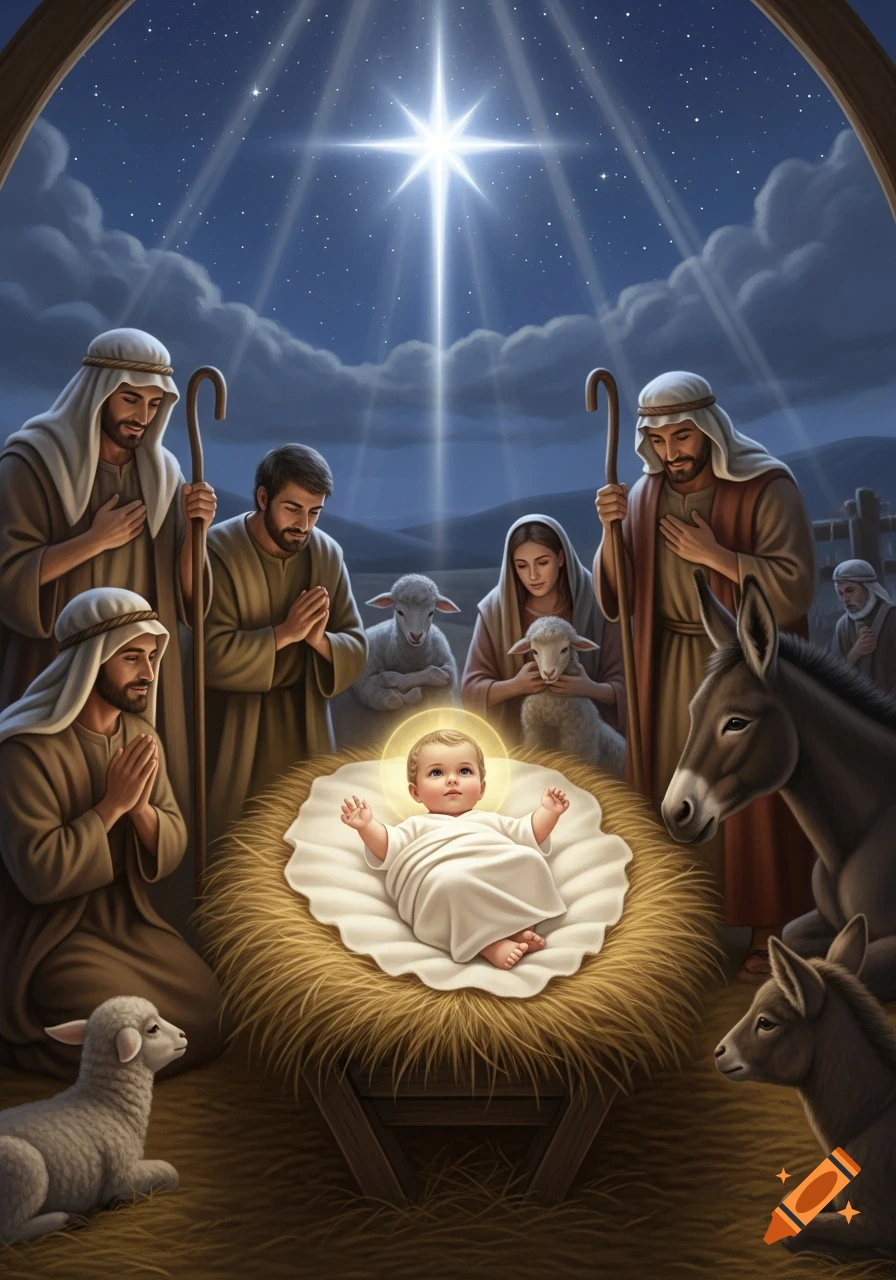 Baby Jesus in a manger surrounded by Mary, Joseph, shepherds, sheep, and donkeys under a bright star in a Nativity scene.