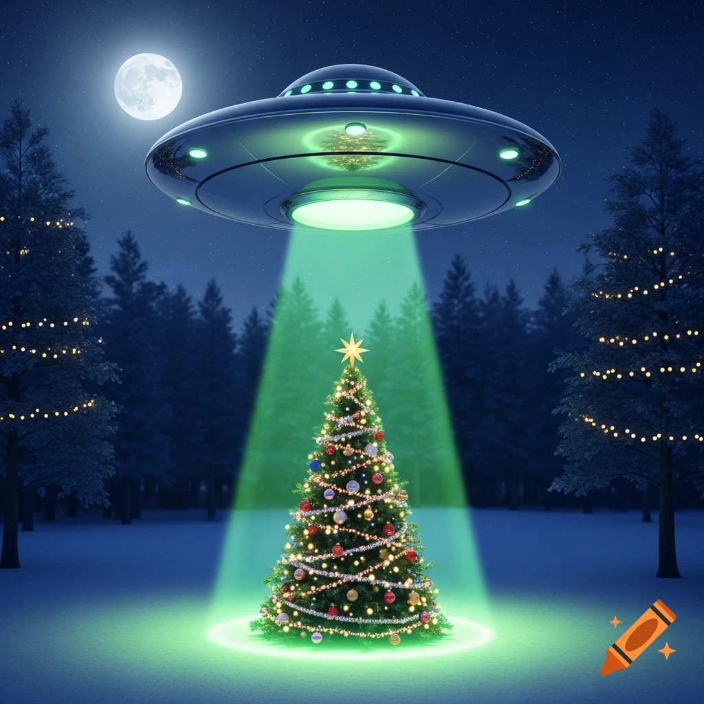 A UFO hovers over a snowy forest at night, beaming green light down onto a brightly decorated Christmas tree under a full moon.