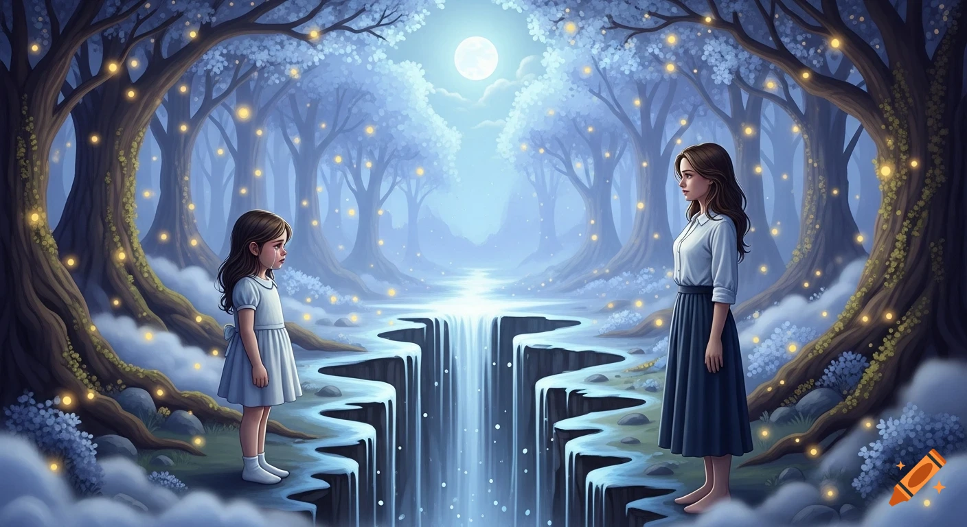 A crying little girl and an adult woman face each other across a glowing waterfall rift in a magical, blue-toned forest with sparkling lights.