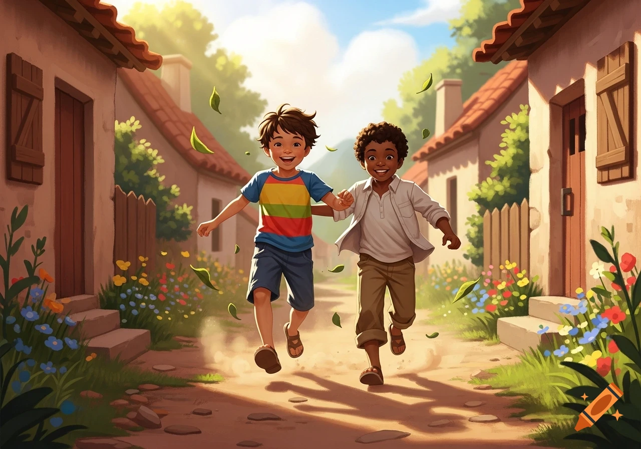 Two smiling boys, one in a rainbow shirt, run joyfully on a dirt path in a sunny village, with colorful flowers and green leaves floating around them, in a vibrant illustration style.