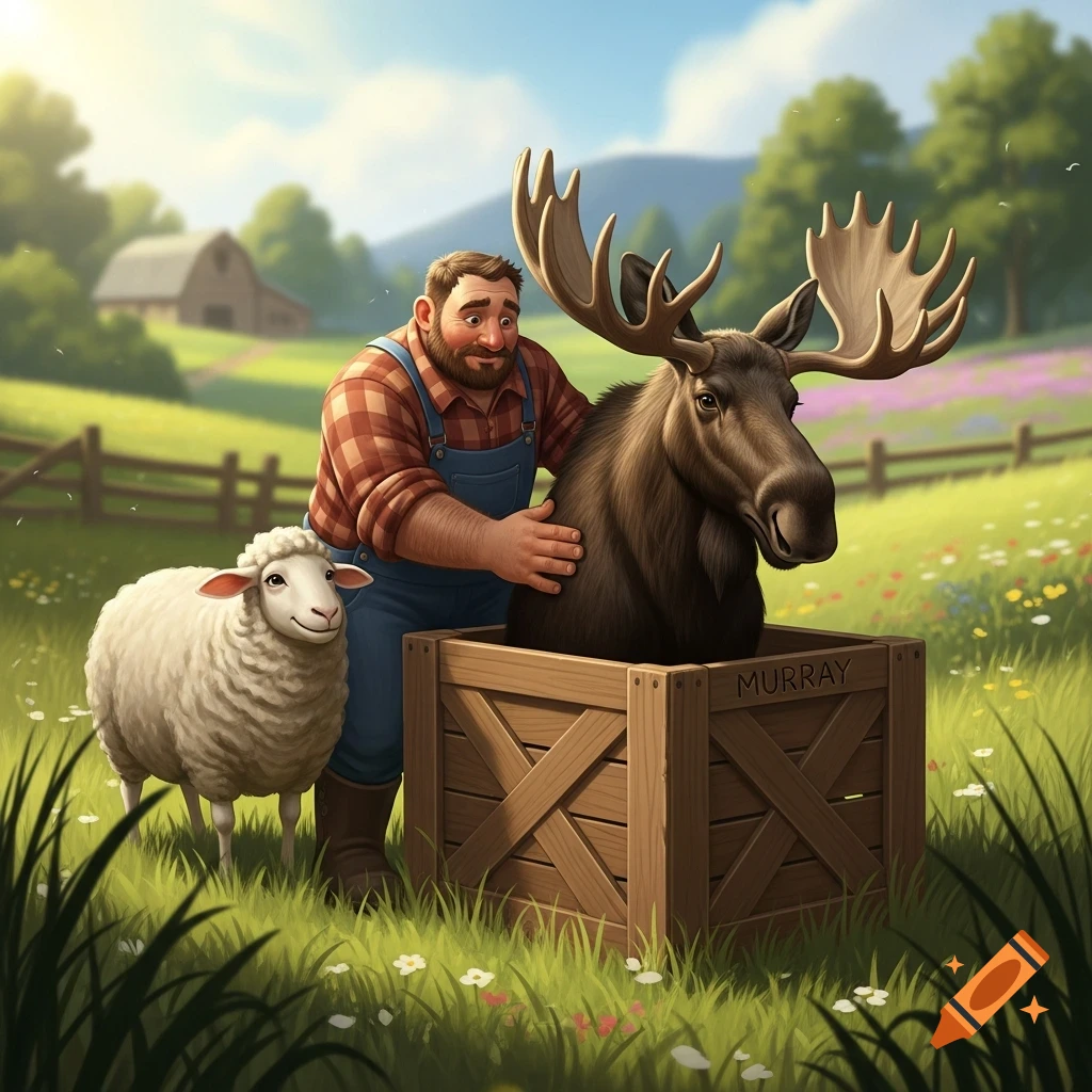 A cartoon man in overalls puts a moose in a wooden crate, with a smiling sheep standing next to him in a sunny, green field.