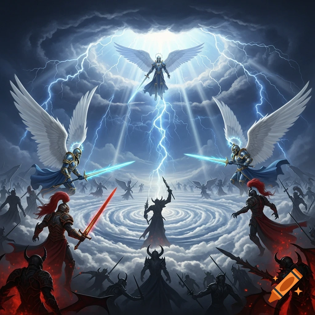 Epic fantasy illustration of angels battling demons in a stormy, lightning-filled sky.