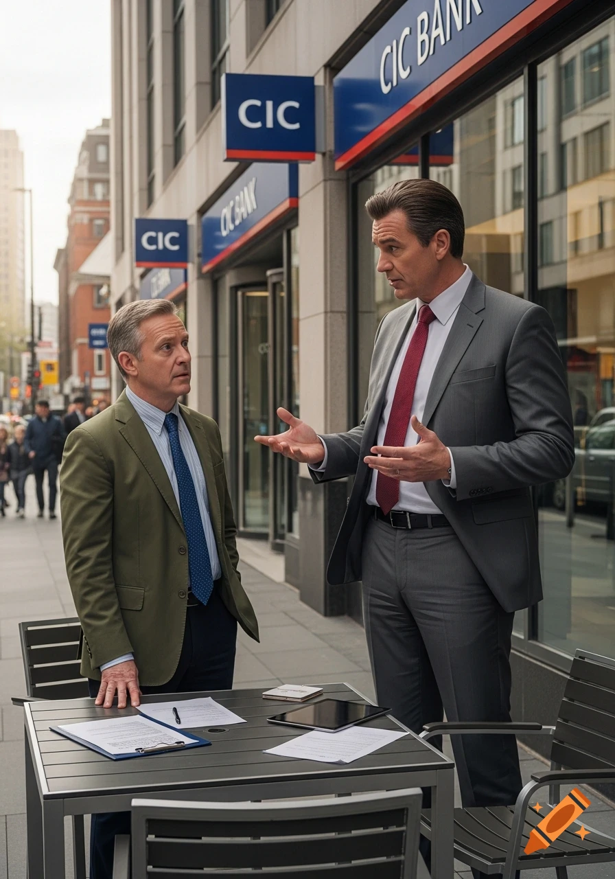 Two men in suits stand outside a CIC Bank building, one gesturing while the other listens intently.