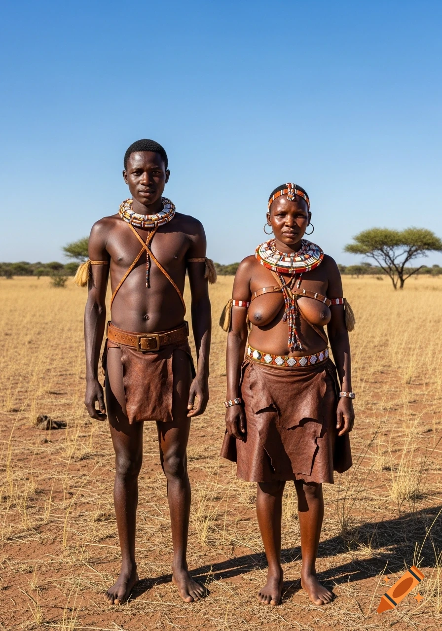A San man and woman in traditional leather clothing and bead jewelry stand in a dry savanna under a clear blue sky, photorealistic.