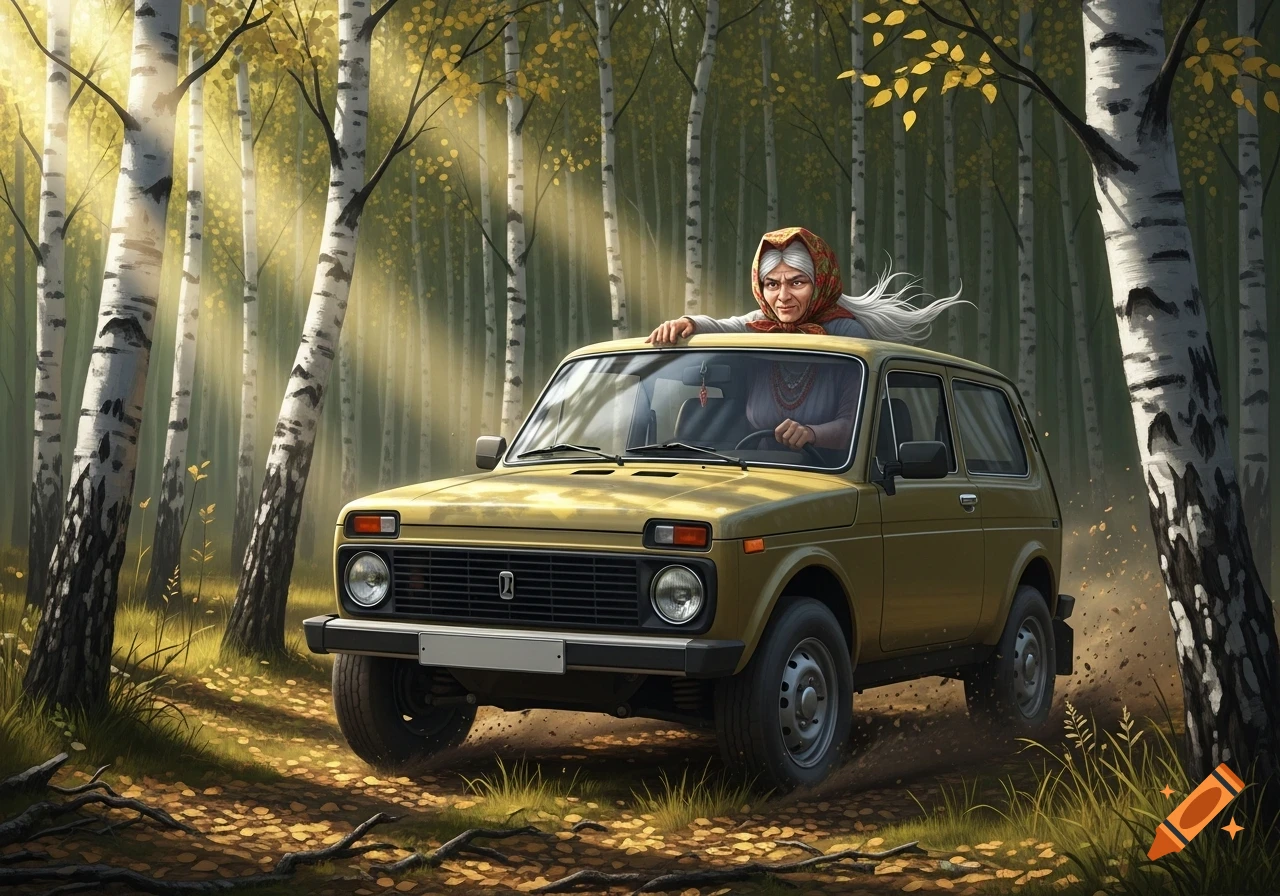 An old woman in a headscarf drives a yellow Lada Niva on a dirt path through a sunlit birch forest in an illustrated style.