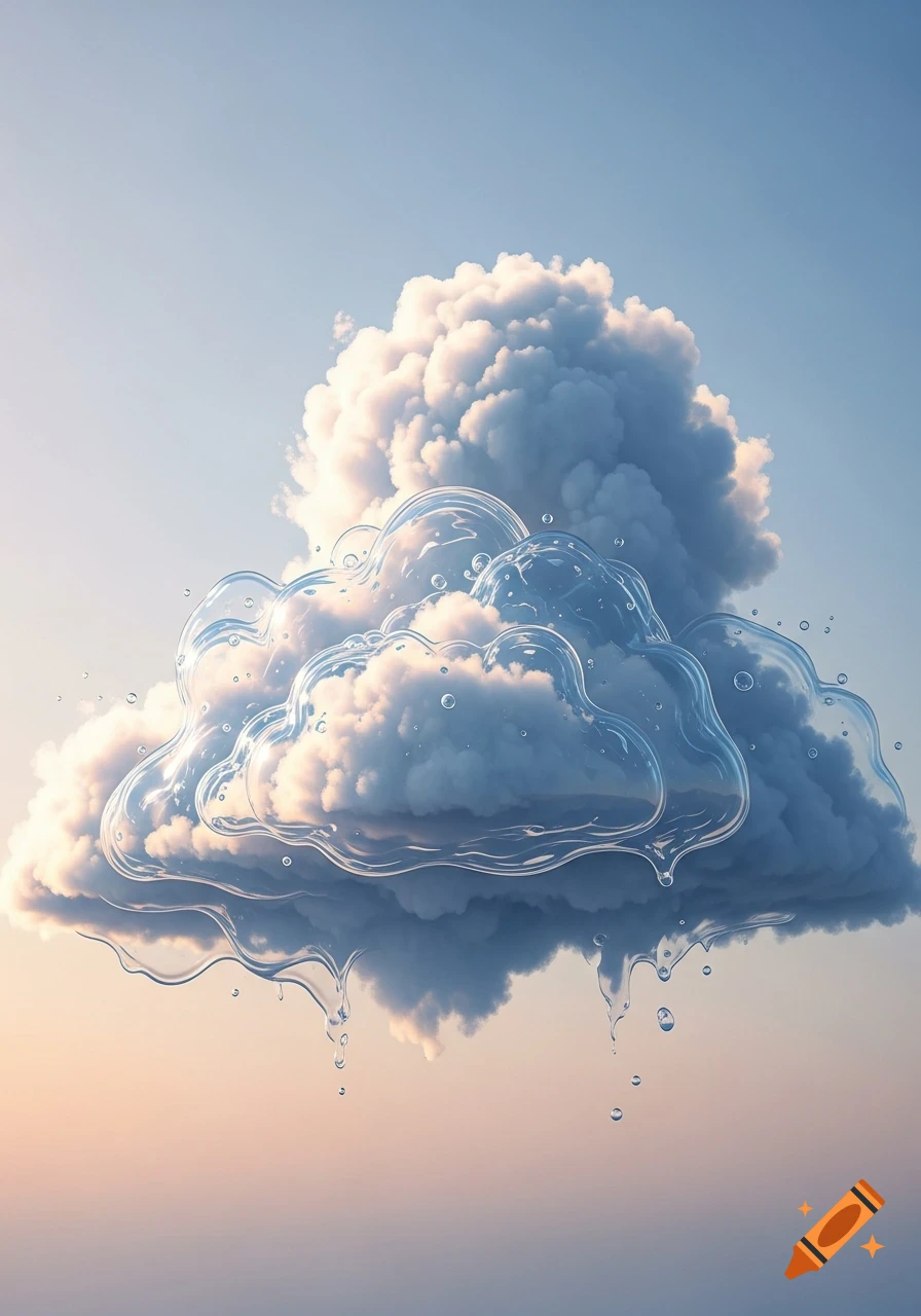 A fluffy white and gray cloud encased in clear liquid glass, with water droplets falling, against a gradient sky.