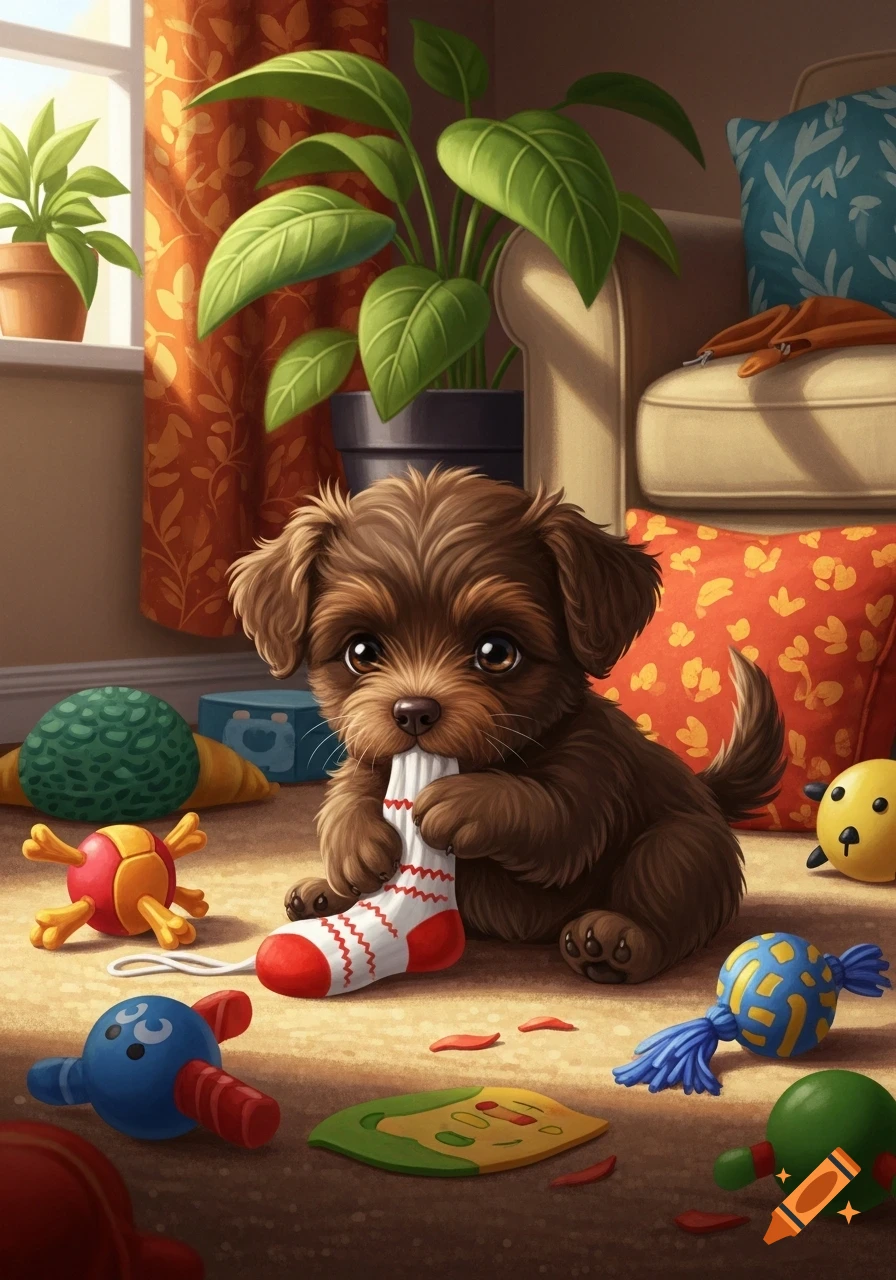 A cute illustrated fluffy brown puppy sits on a carpet, chewing a red and white sock, surrounded by colorful toys.