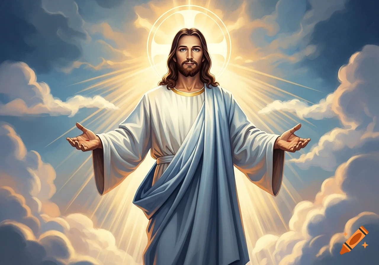 Painting of Jesus Christ with a halo, outstretched arms, surrounded by bright light and clouds in a clear blue sky.
