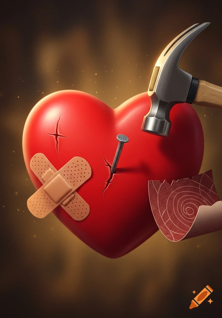 A stylized red heart with band-aids and a nail, with a hammer poised and sandpaper, symbolizing injury and healing.
