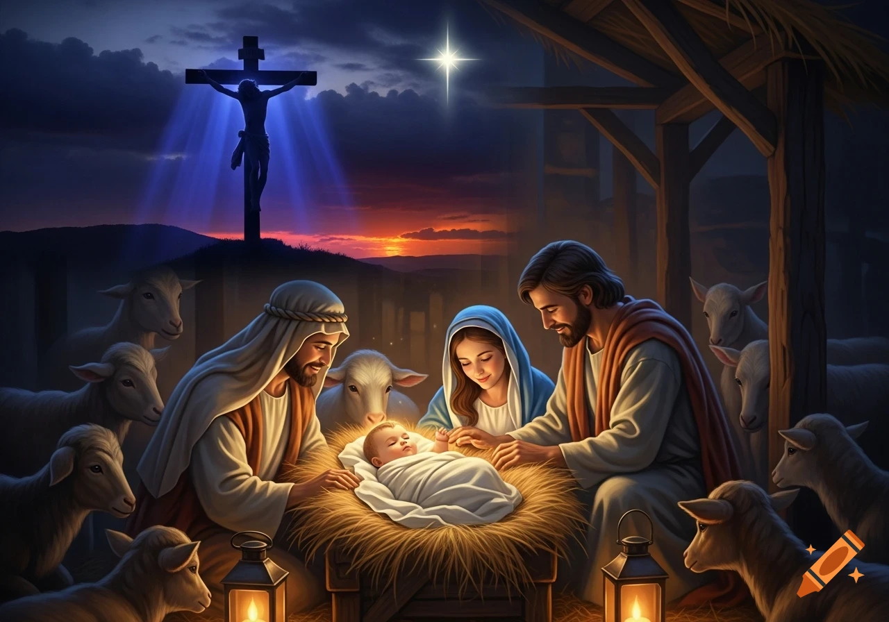 Mary and Joseph with baby Jesus in a manger, surrounded by sheep, under a star with a silhouette of Jesus on a cross in the background.