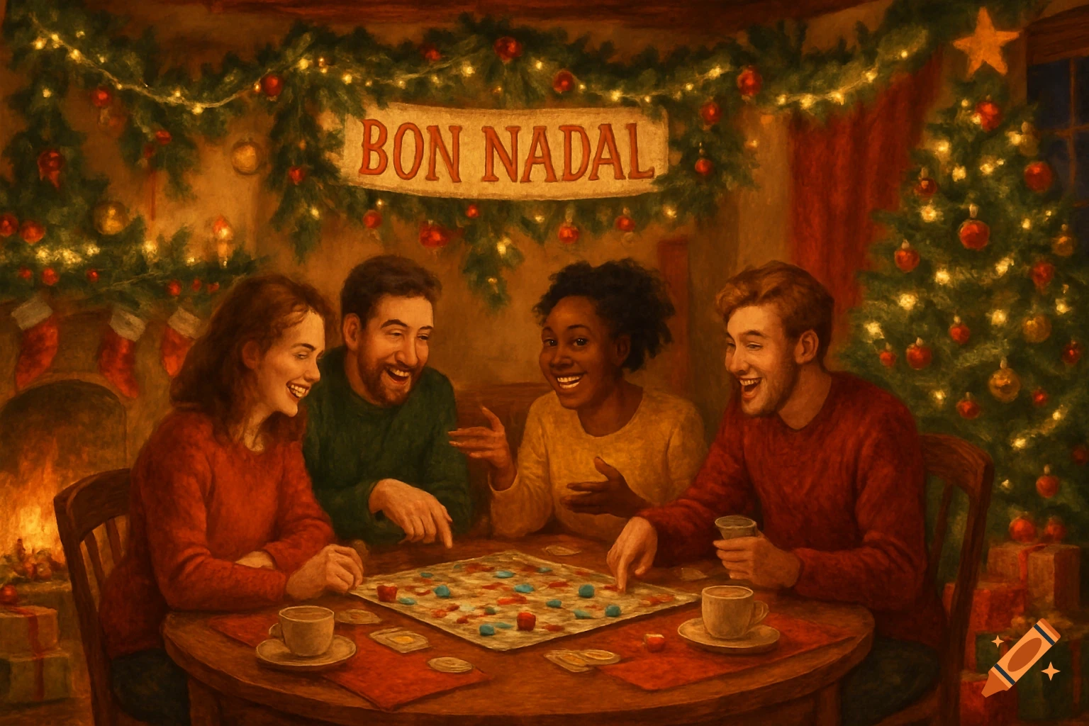Four happy friends play a board game at a table in a cozy, decorated room during Christmas, with a 'Bon Nadal' banner.
