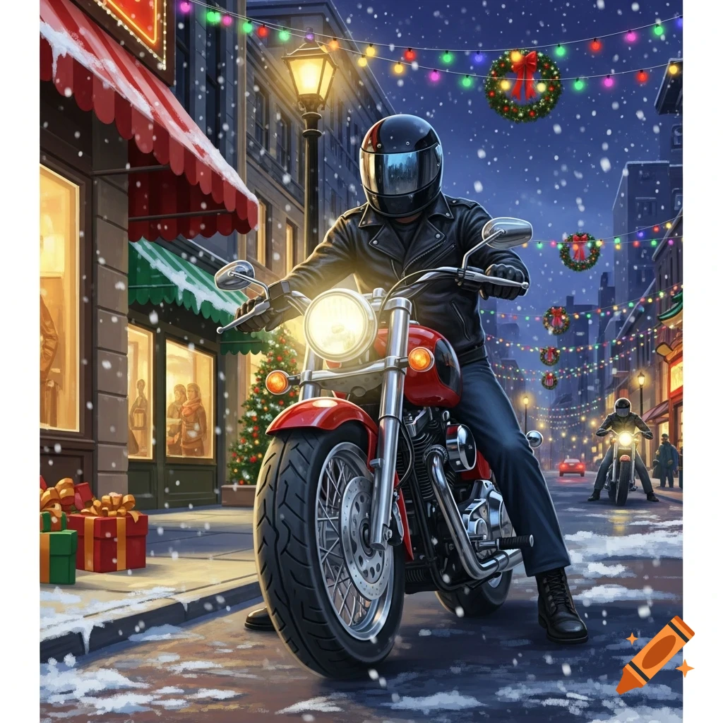 A motorcyclist in a black leather jacket and helmet sits on a red bike on a snowy city street adorned with Christmas lights and wreaths at night.