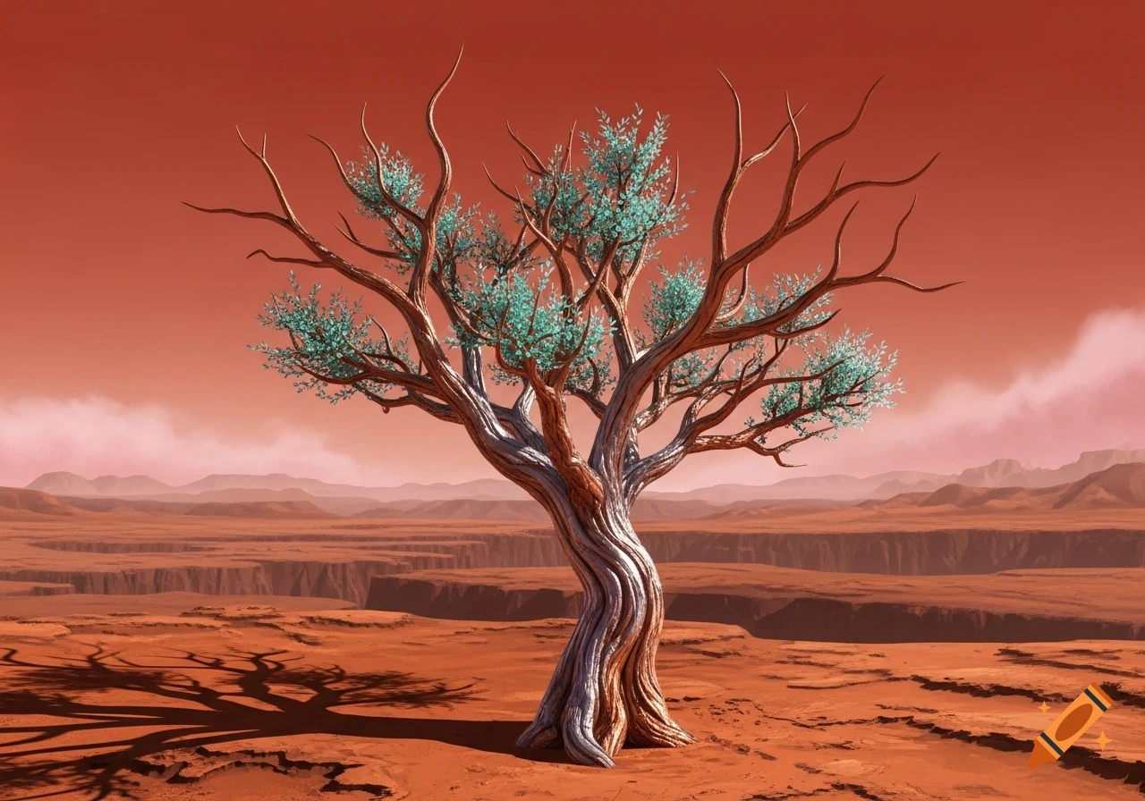 A gnarled tree with sparse teal leaves stands on a red Martian desert with canyons under an orange sky.
