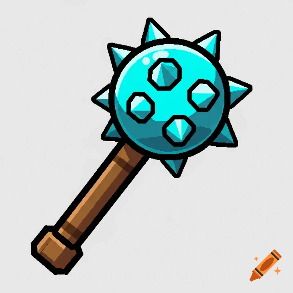 A pixel art Minecraft-style mace with a cyan spiked head and a brown handle on a neutral background.