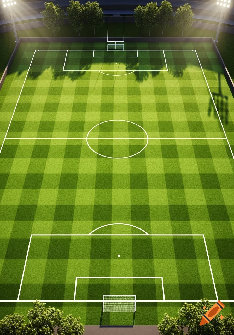 An aerial view of a vibrant green soccer field with white markings, goalposts, and stadium lights, surrounded by trees.