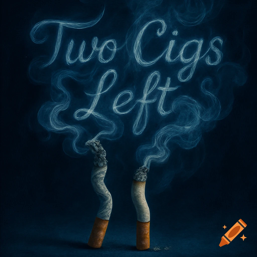 Two burnt cigarettes standing upright, with their smoke forming the words "Two Cigs Left" against a dark blue background.