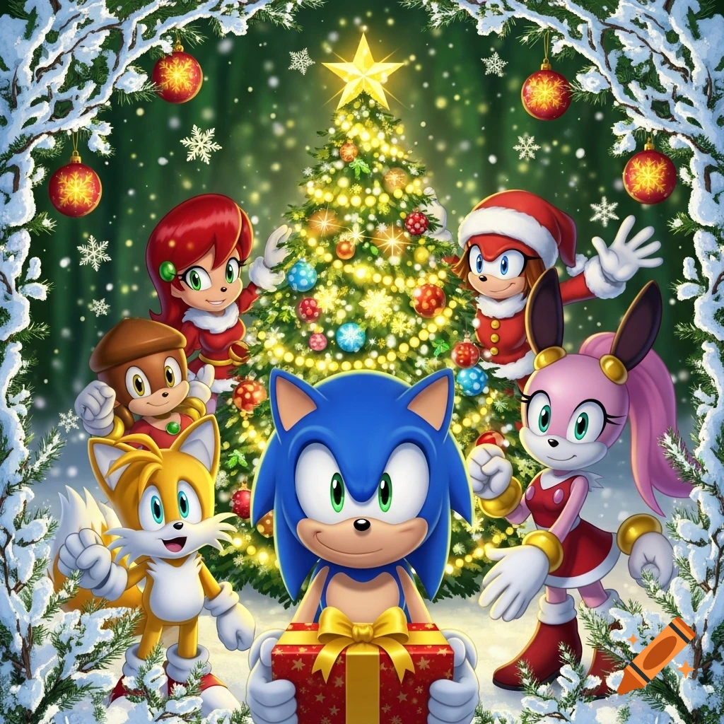 Cartoon Sonic and friends, including Tails, pose around a brightly lit Christmas tree in a snowy wonderland. Sonic holds a wrapped gift.