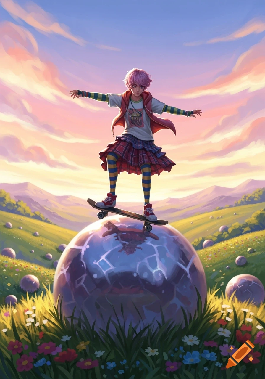 A pink-haired character in a plaid skirt balances on a skateboard atop a glowing orb in a vibrant fantasy landscape with a sunset sky.