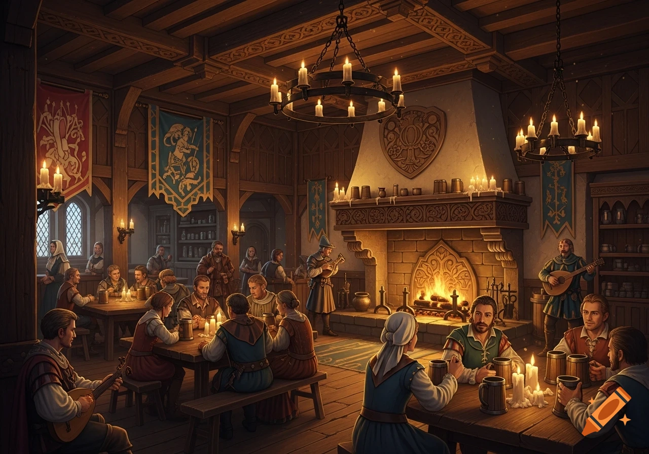 A bustling medieval tavern at night, illuminated by candles, with people drinking, talking, and listening to musicians.
