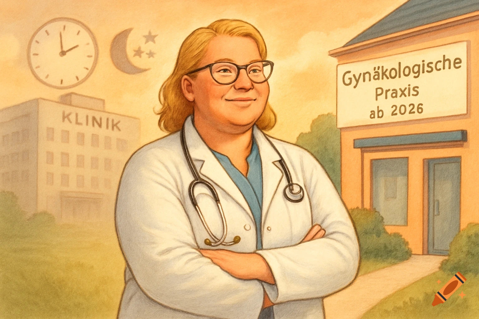Illustration of a confident female doctor in a white coat and glasses. A hospital building is to her left, a sign for a future gynecology practice to her right.