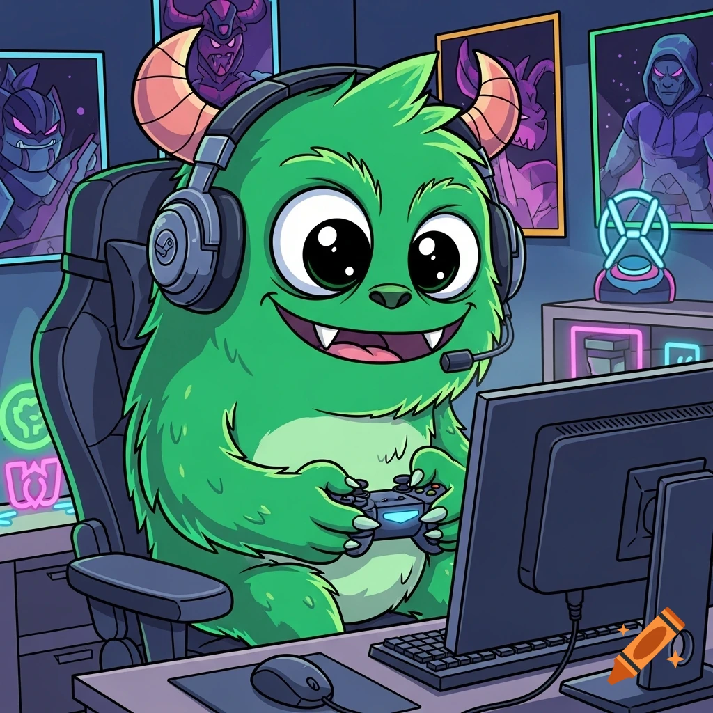 Friendly green cartoon monster with a headset playing video games at a desk.